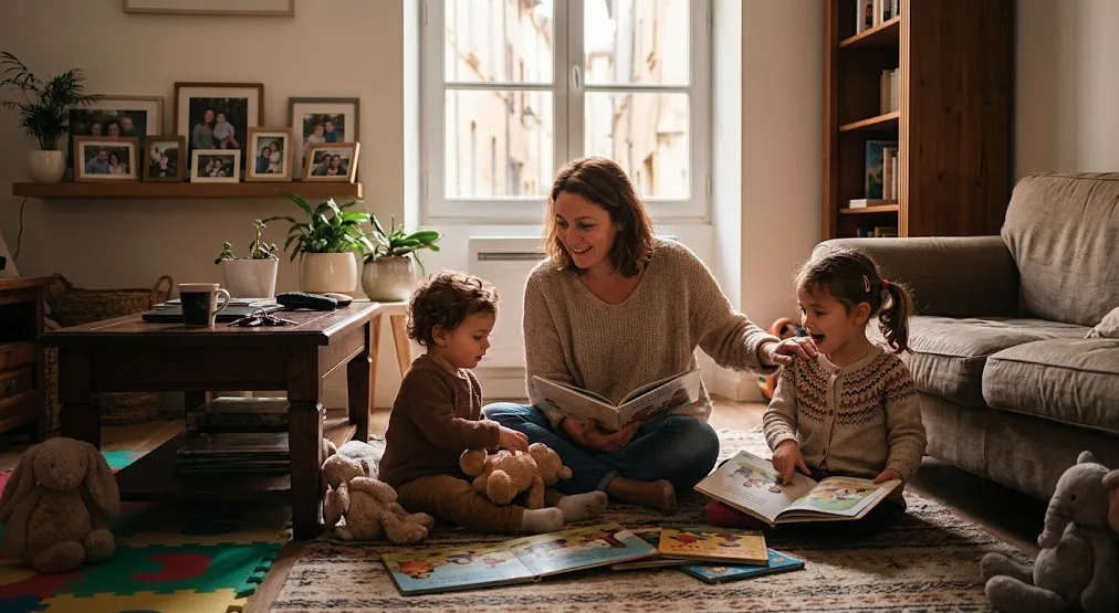 Assistante maternelle lisant un livre avec deux jeunes enfants