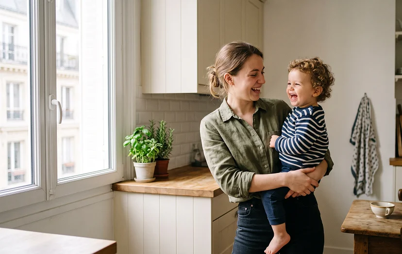 Babysitter souriante tenant un bébé dans les bras dans une cuisine lumineuse à Paris