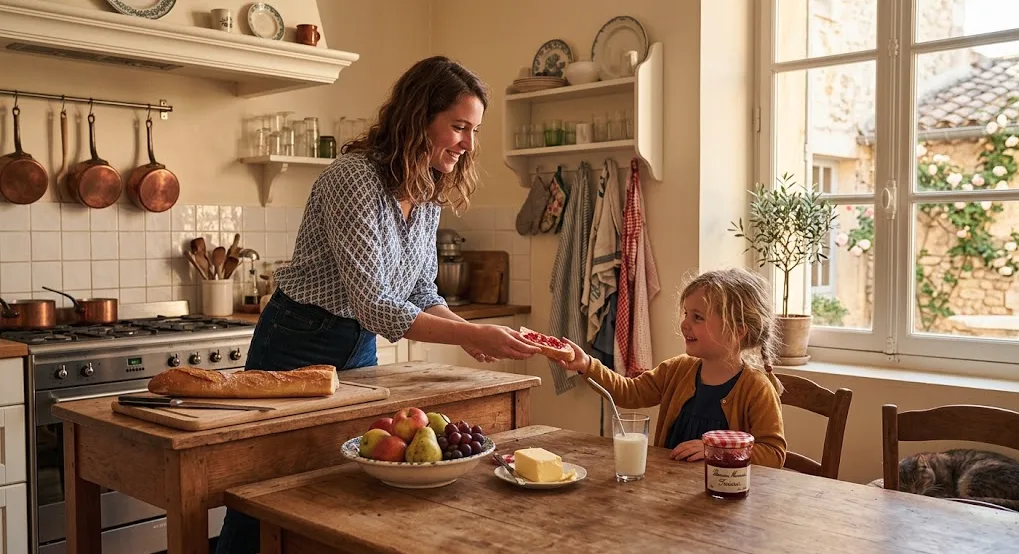 Babysitter préparant le goûter d'un enfant après l'école dans une cuisine