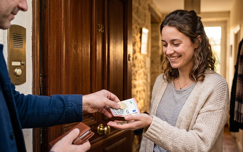 Parent remettant un billet de 5 euros à une babysitter souriante à la porte d'un appartement parisien