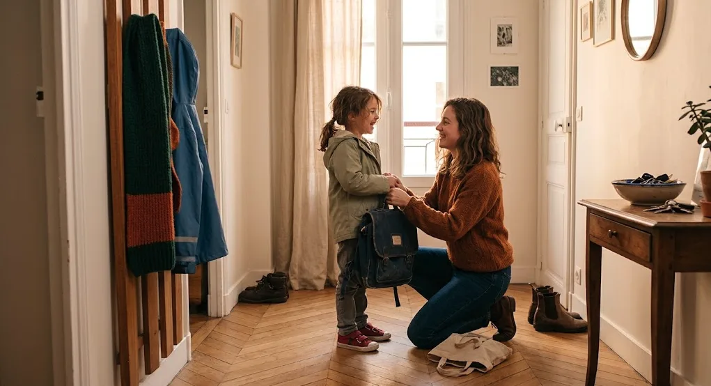 Babysitter accueillant un enfant au retour de l'école et rangeant son cartable