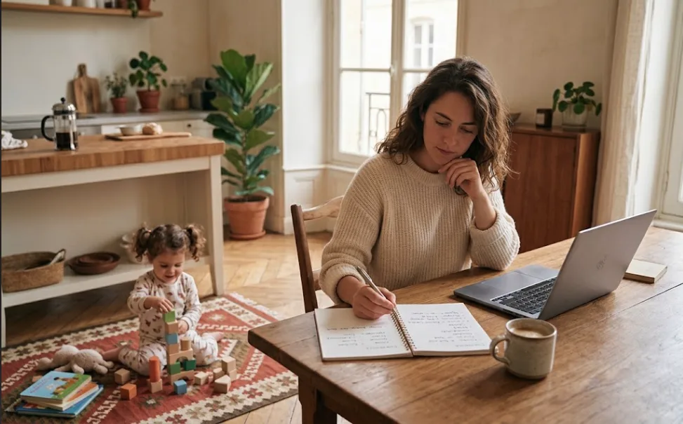 Parent comparant les modes de garde pendant que son enfant joue